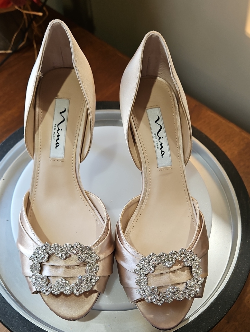 Nina Satin D'Orsay Heels in Blush with Crystal Buckles